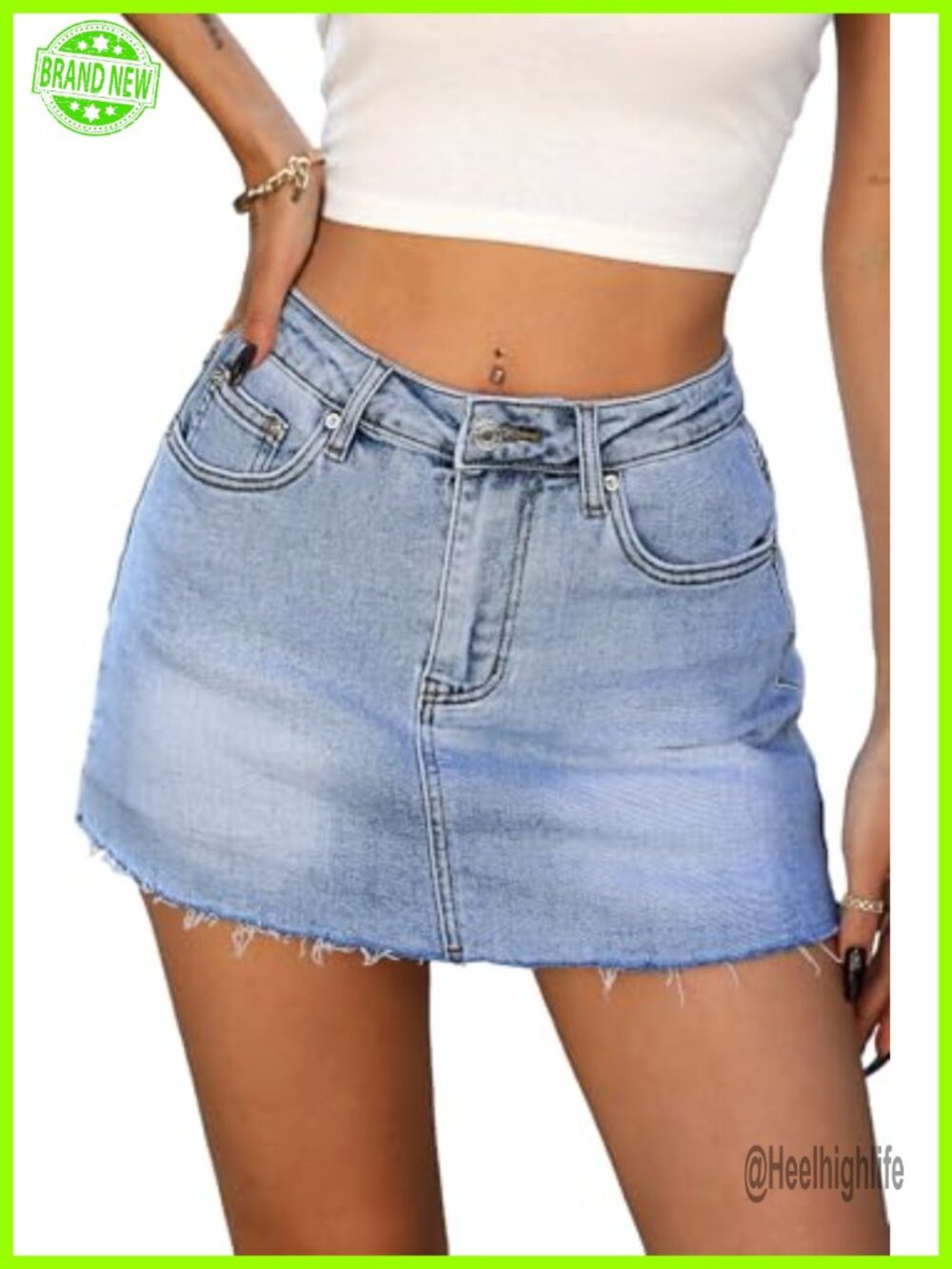Denim Mini Skort with Built-in Shorts Raw Hem A-Line Stretch Jean Skirt
